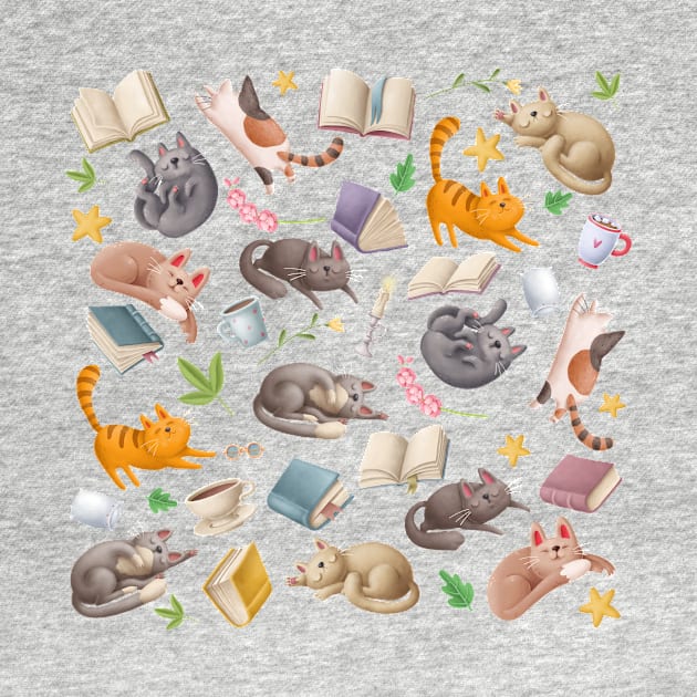 Cute Cats Napping with Books Pattern by SirLeeTees